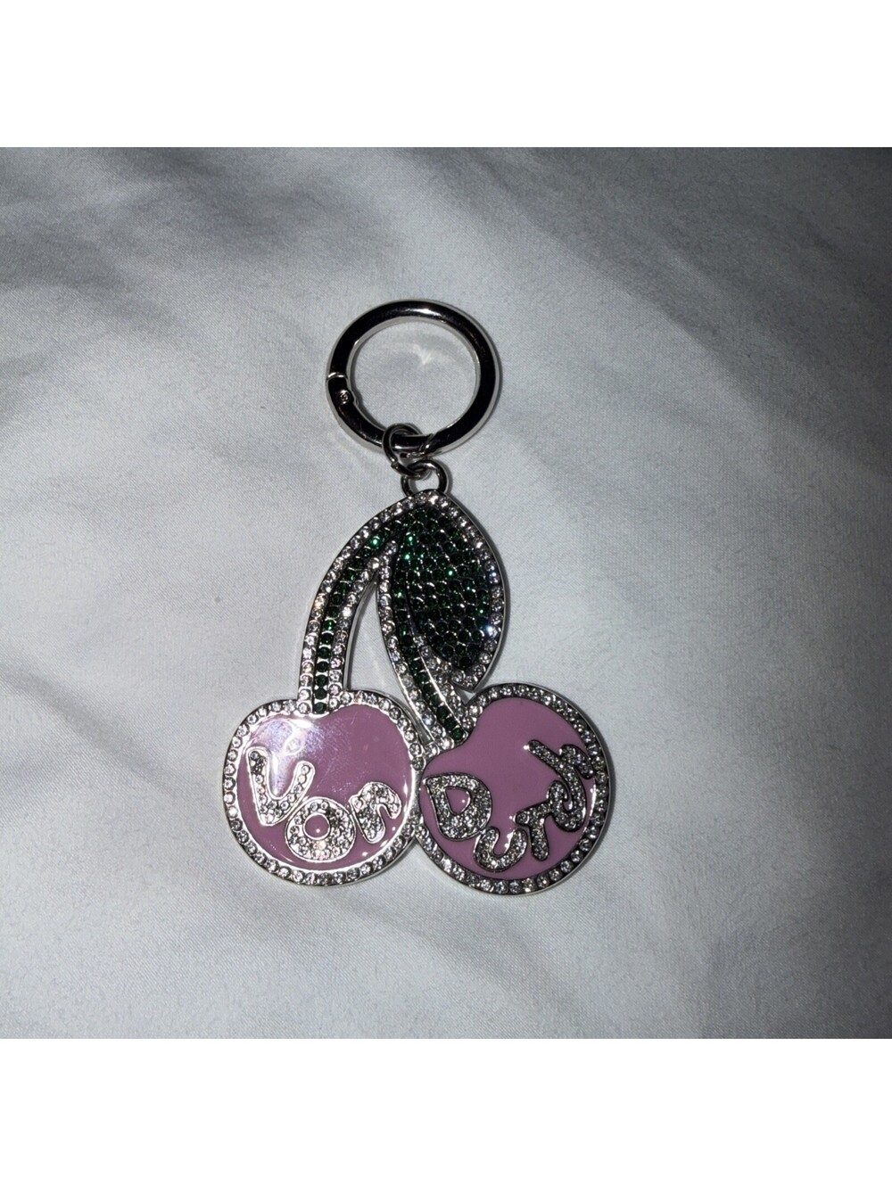 NEWEST STYLE Von Dutch Pink Cherry Logo Bag Charm Key Chain Crystal Accents NWT